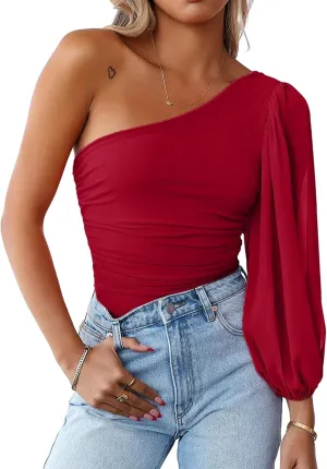 MASCOMODA Womens Fashion 2024 Spring Mesh Long Sleeve One Shoulder Tops Solid Stretch Ruched Lantern Sleeve Blouse Shirt