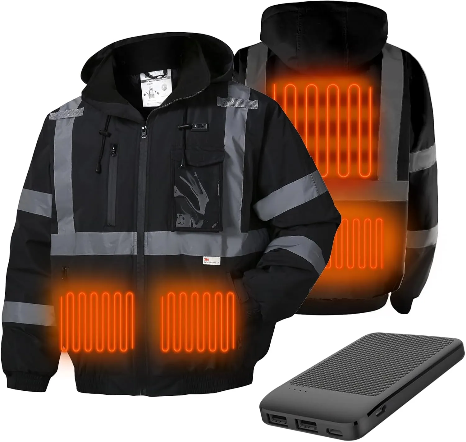 SKSAFETY Professional Level Heated Safety Bomber Jacket, Class 3 Hi-Vis Waterproof Coat, 3M Reflective Tape, Work Construction Coats for Cold Weather (Black L)