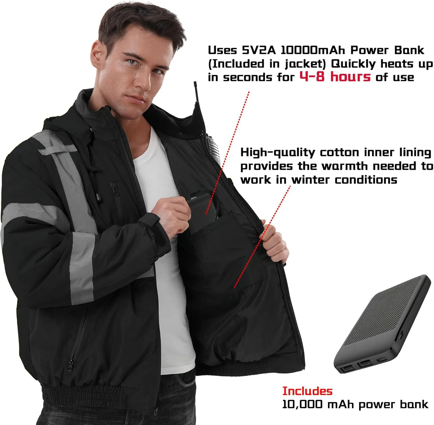 SKSAFETY Professional Level Heated Safety Bomber Jacket, Class 3 Hi-Vis Waterproof Coat, 3M Reflective Tape, Work Construction Coats for Cold Weather (Black L)