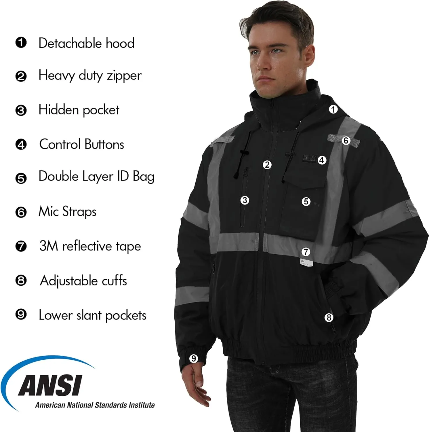 SKSAFETY Professional Level Heated Safety Bomber Jacket, Class 3 Hi-Vis Waterproof Coat, 3M Reflective Tape, Work Construction Coats for Cold Weather (Black L)