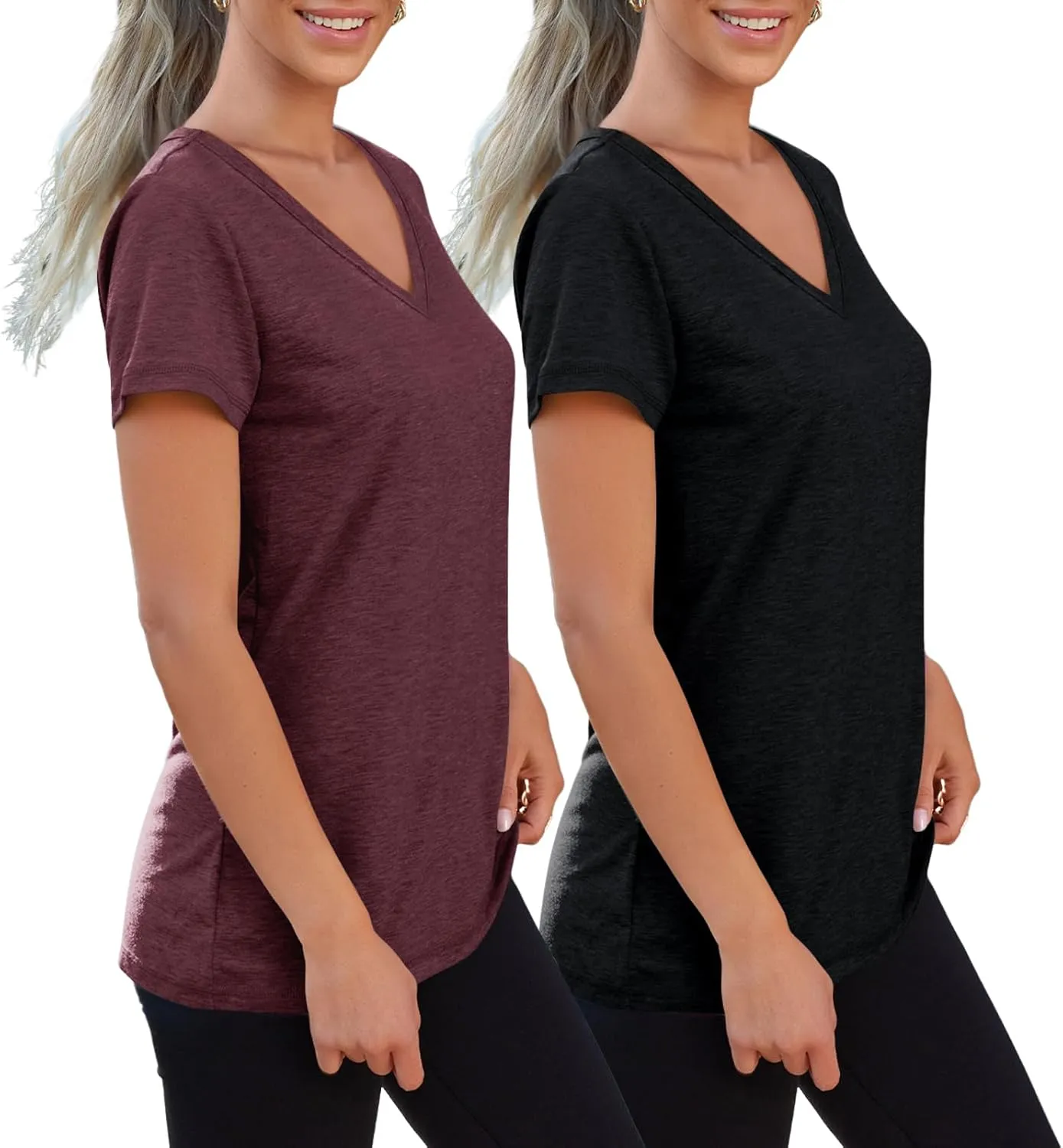 SUNBS Womens Short Sleeve Shirts Basic 2 Pack Tees V Neck Summer Spring Trendy Casual Tops Loose Fit Lightweight Clothes 2025