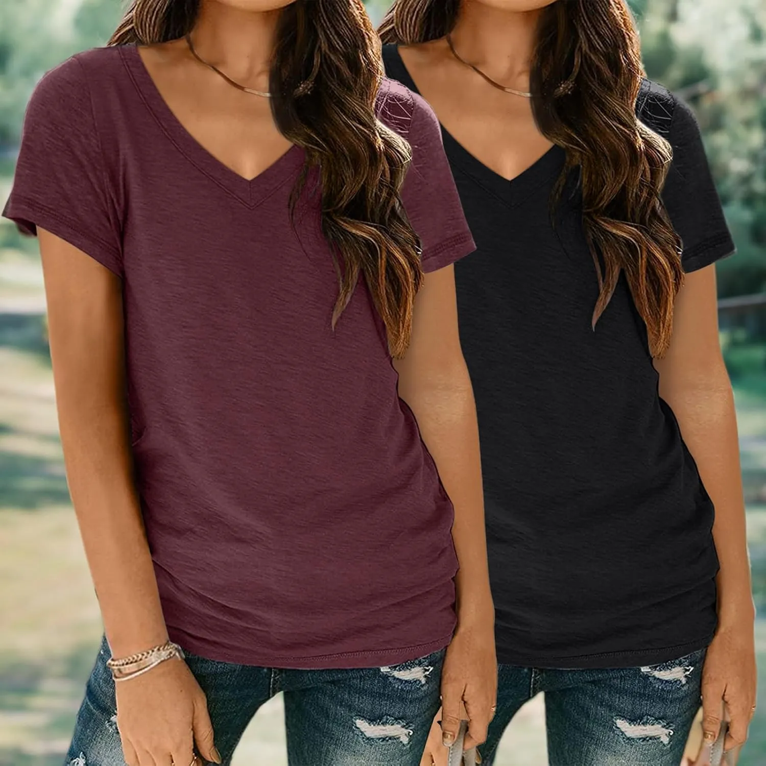 SUNBS Womens Short Sleeve Shirts Basic 2 Pack Tees V Neck Summer Spring Trendy Casual Tops Loose Fit Lightweight Clothes 2025