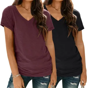 SUNBS Womens Short Sleeve Shirts Basic 2 Pack Tees V Neck Summer Spring Trendy Casual Tops Loose Fit Lightweight Clothes 2025
