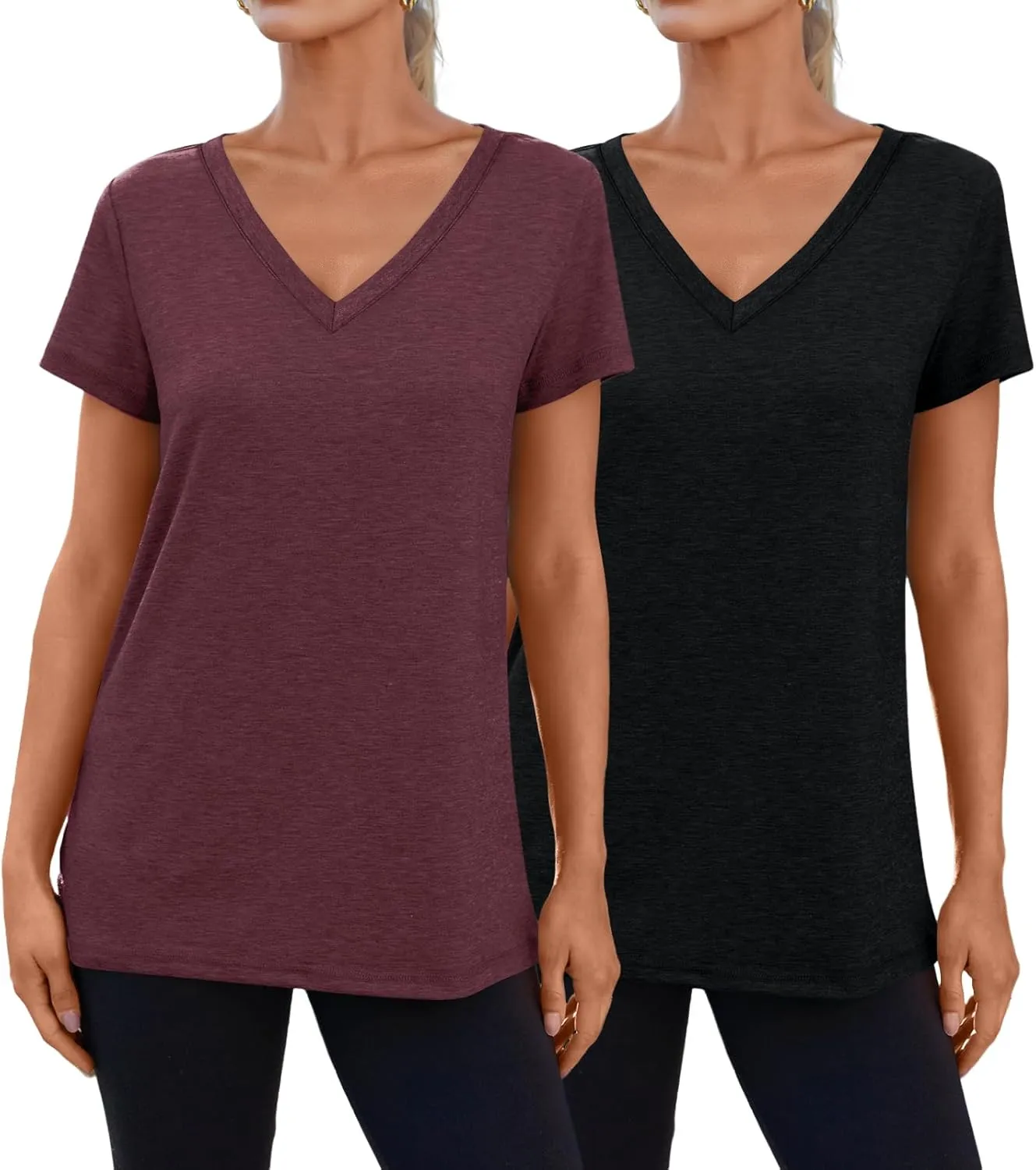 SUNBS Womens Short Sleeve Shirts Basic 2 Pack Tees V Neck Summer Spring Trendy Casual Tops Loose Fit Lightweight Clothes 2025