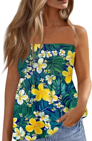 Tube Tops for Women Sleeveless Smocked Ruffled Tanks Strapless Floral Print Tube Tops Lightweight Sexy Bandeau