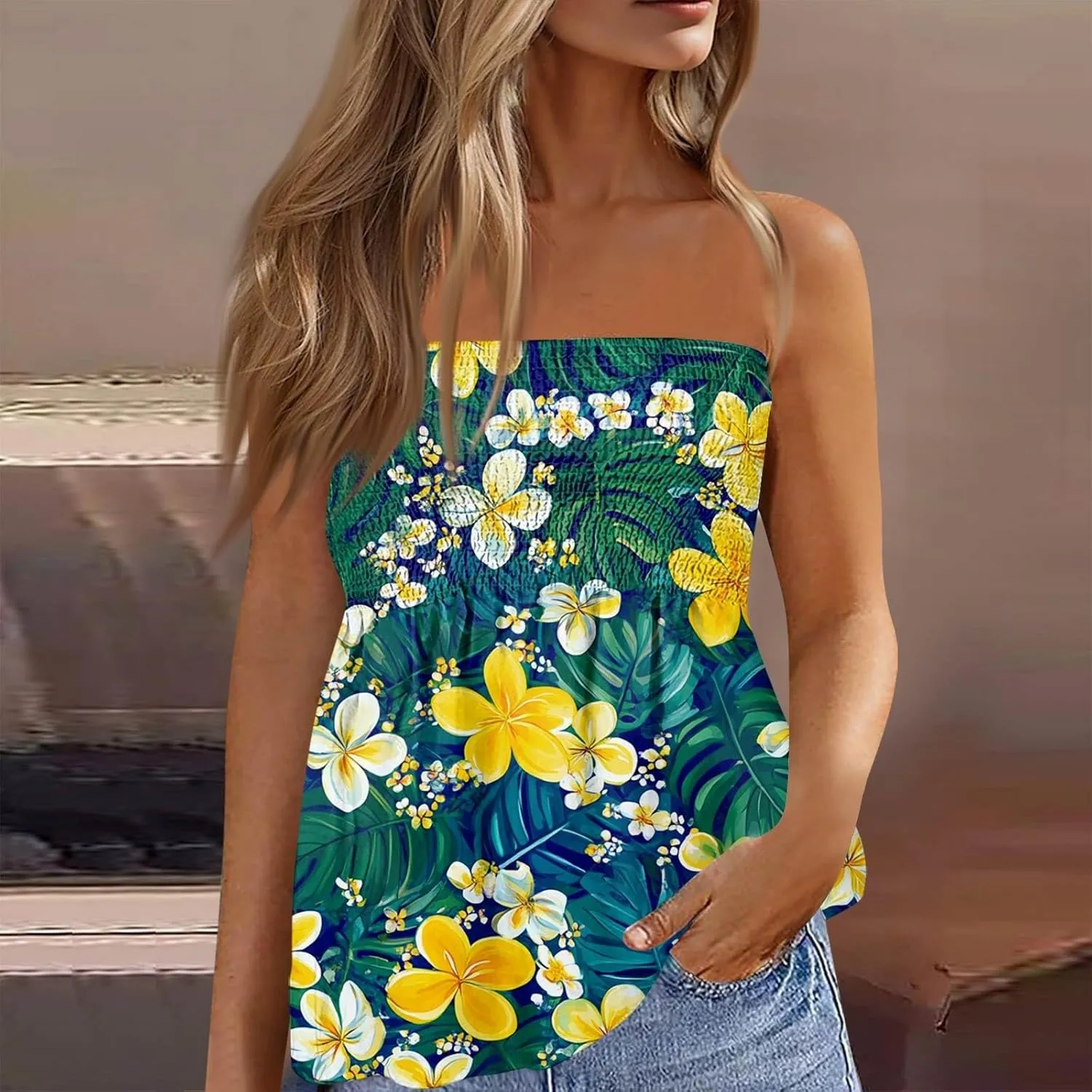 Tube Tops for Women Sleeveless Smocked Ruffled Tanks Strapless Floral Print Tube Tops Lightweight Sexy Bandeau