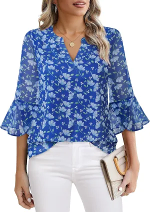 VALOLIA Womens 3/4 Sleeve Tops Dressy Casual Chiffon Blouses Floral Print V-Neck Work Office Shirts