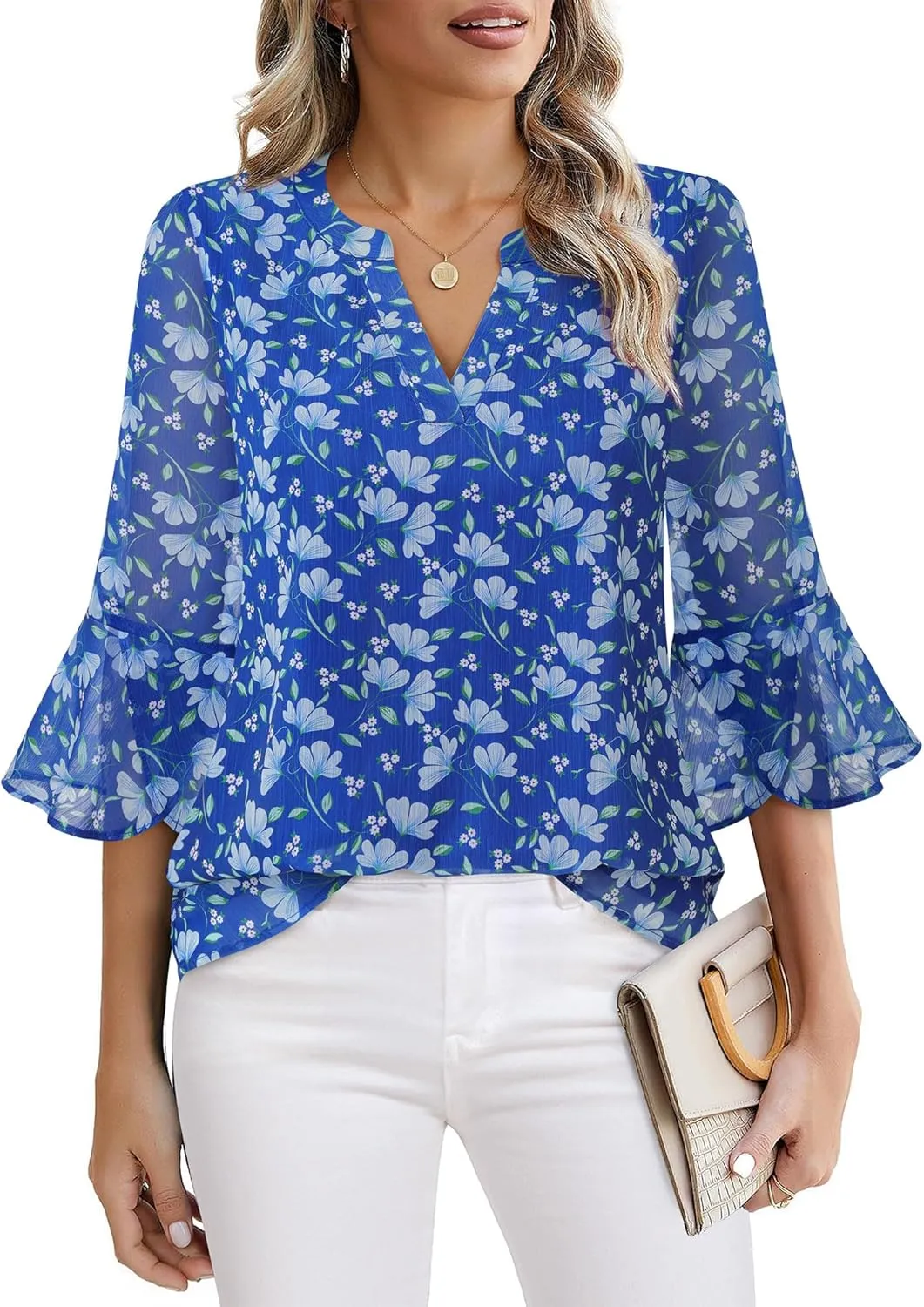 VALOLIA Womens 3/4 Sleeve Tops Dressy Casual Chiffon Blouses Floral Print V-Neck Work Office Shirts