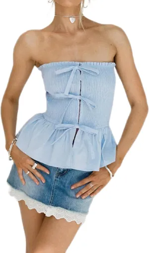 Woman Summer Smocked Tube Tops Hook Eye Front Bowknots Tank Tops Ruffled Sleeveless Bandeau Slim Fit Vest Tops