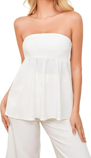 Women Smocked Back Ruffle Hem Tuba Bandeau Top Sleeveless Backless Strapless Peplum Solid Sexy Flowy Tank Tops White