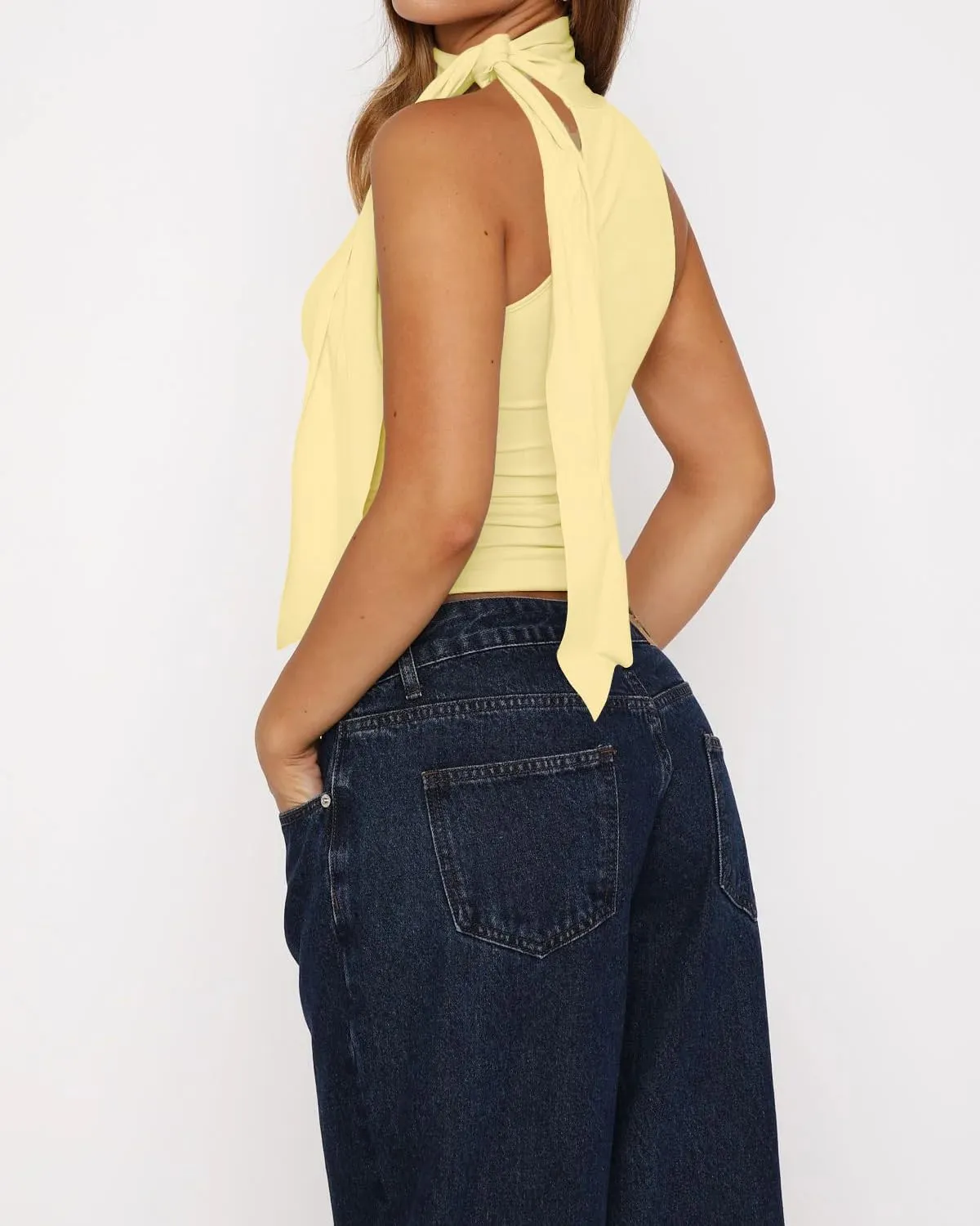 Women Y2k Self Tie Strap High Neck Crop Tank Tops Asymmetrical Sleeveless Clean Fit Tight Vest Shirts with Scarf