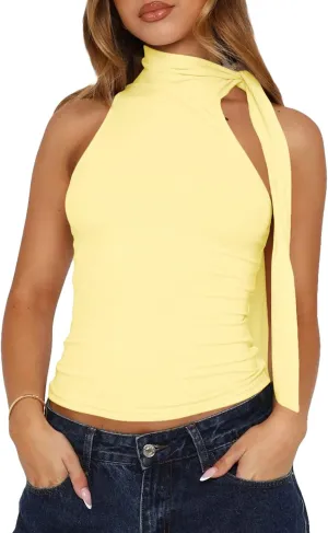 Women Y2k Self Tie Strap High Neck Crop Tank Tops Asymmetrical Sleeveless Clean Fit Tight Vest Shirts with Scarf