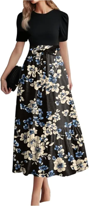 Women's 2025 Summer Floral Crew Neck Midi Dress Boho Short Sleeve High Waist Flowy Beach Vacation Dresses