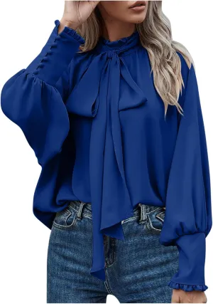 Women's Bow Tie Neck Shirts Casual Long Lantern Sleeve Tops Mock Neck Solid Color Blouses Dressy Elegant Work
