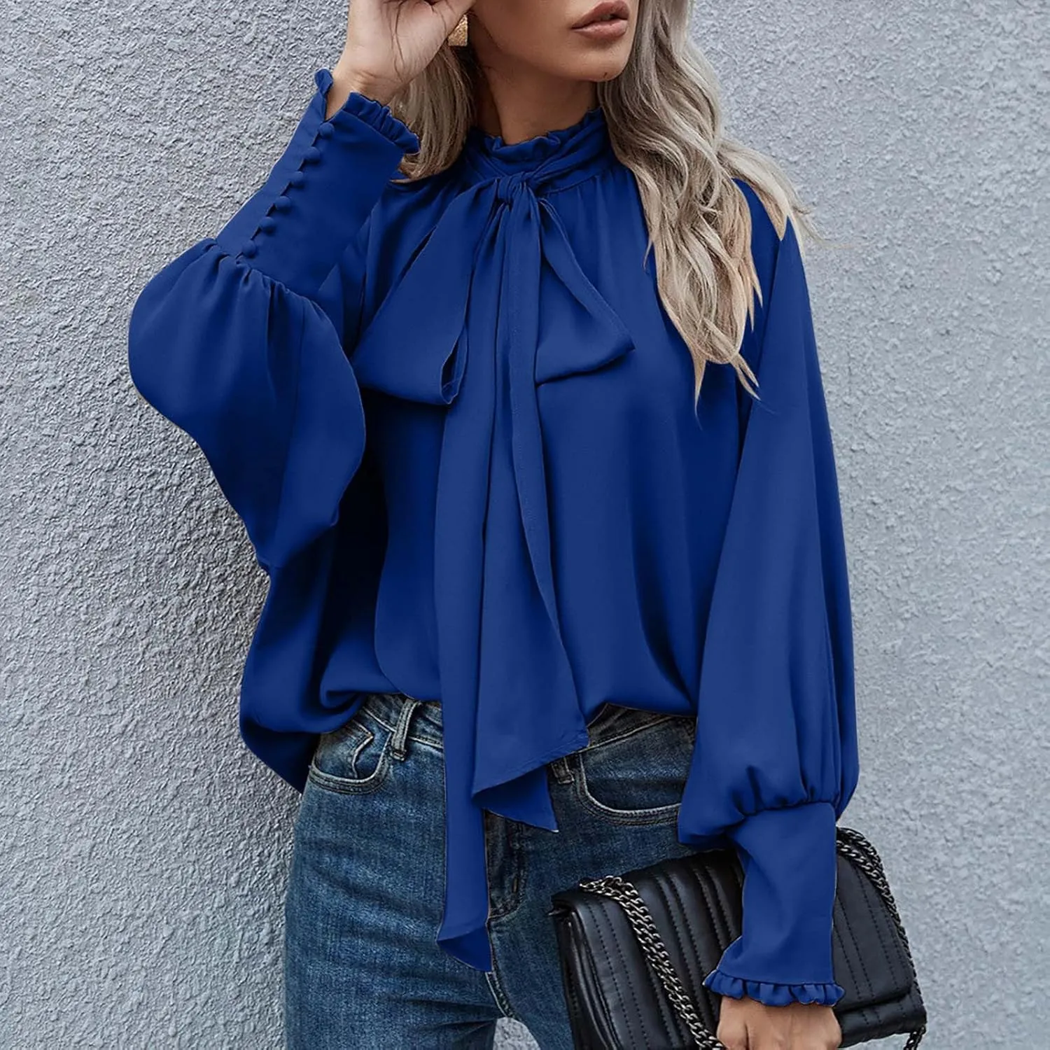 Women's Bow Tie Neck Shirts Casual Long Lantern Sleeve Tops Mock Neck Solid Color Blouses Dressy Elegant Work