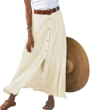Women's Flowy Boho Button Front Maxi Skirt Summer Cotton Linen Floral Casua Loose A-Line Beach Long Skirt