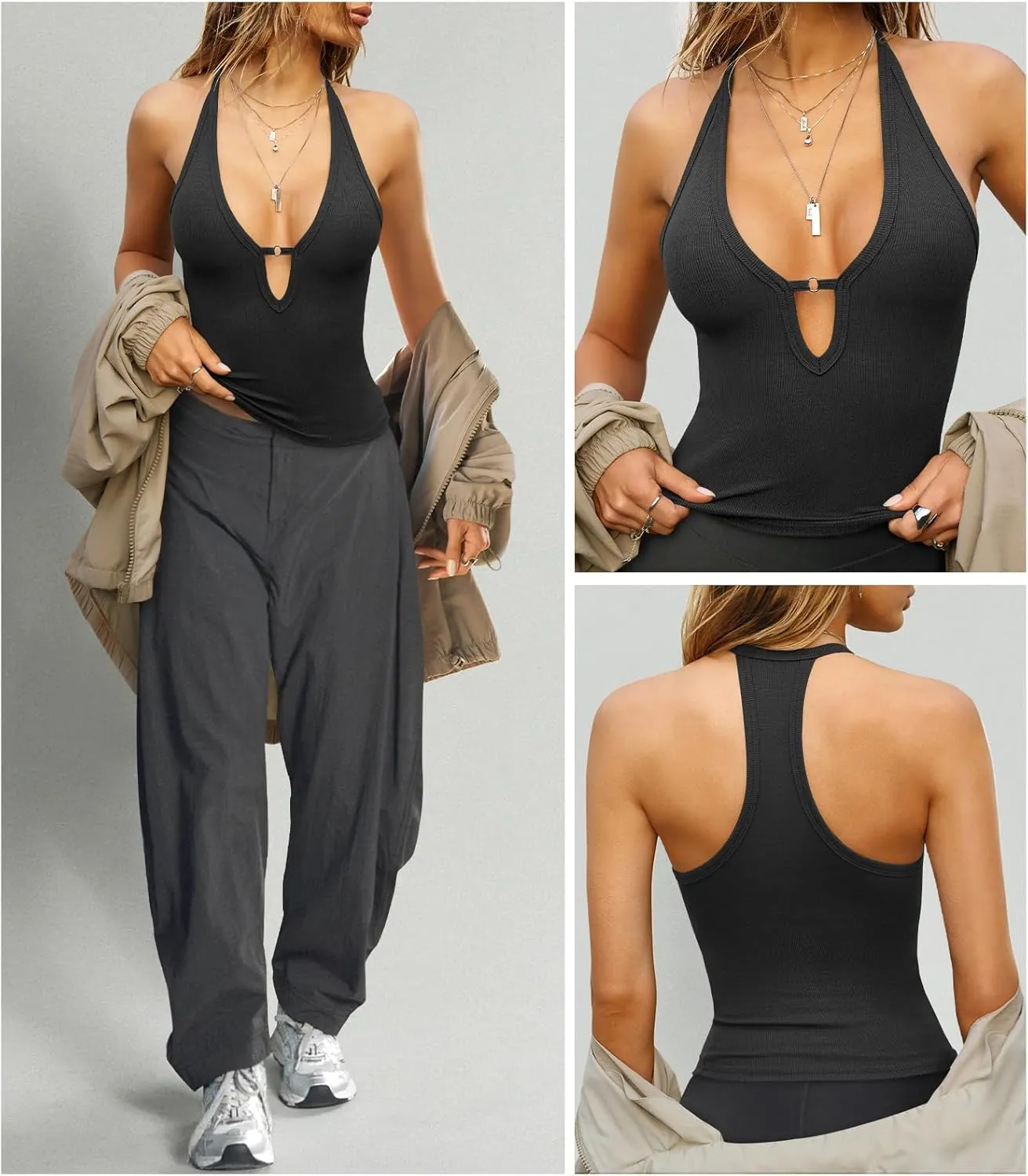 Women's Sexy Deep V Neck Halter Tops for Women Ribbed Racerback Tank Slim Fit Trendy Y2k Summer Going Out Sleeveless Top