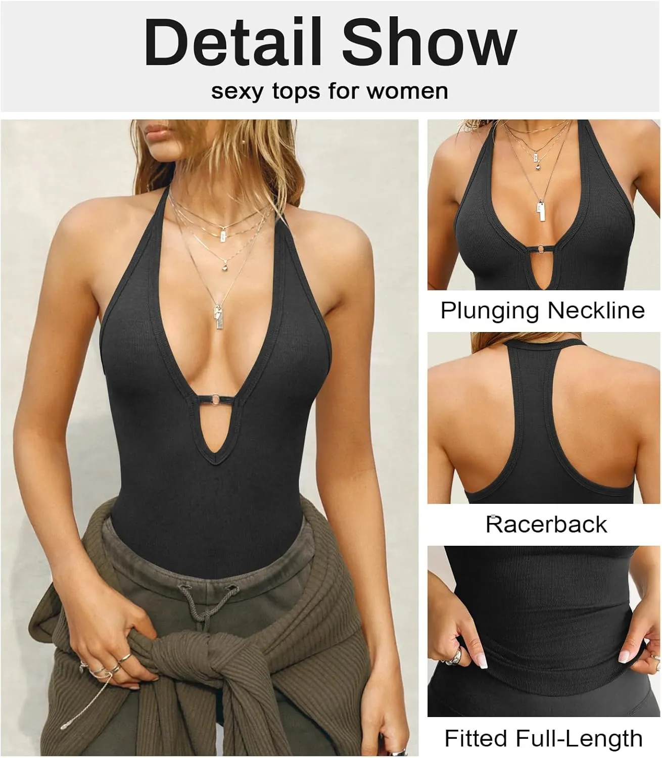 Women's Sexy Deep V Neck Halter Tops for Women Ribbed Racerback Tank Slim Fit Trendy Y2k Summer Going Out Sleeveless Top