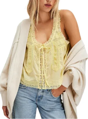Womens Summer Flowy Tank Top with Lace Trim Button Down Chiffon Cami Shirt Boho Tie Front Ruffle Tank Crop Tops