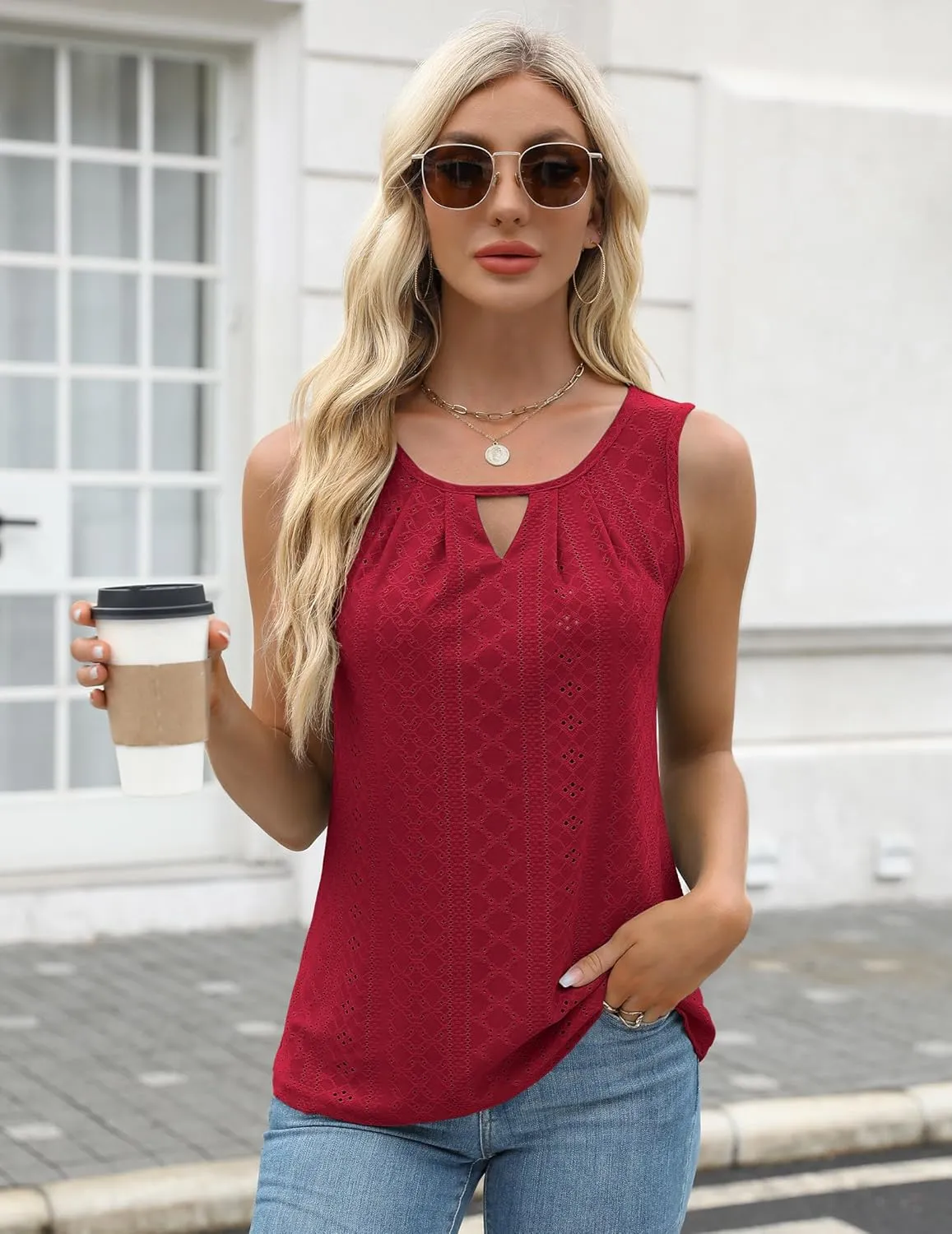 Womens Summer Tank Top Sleeveless Eyelet Embroidery Business Casual Outfits 2025 Basic Loose Dressy Work Shirt