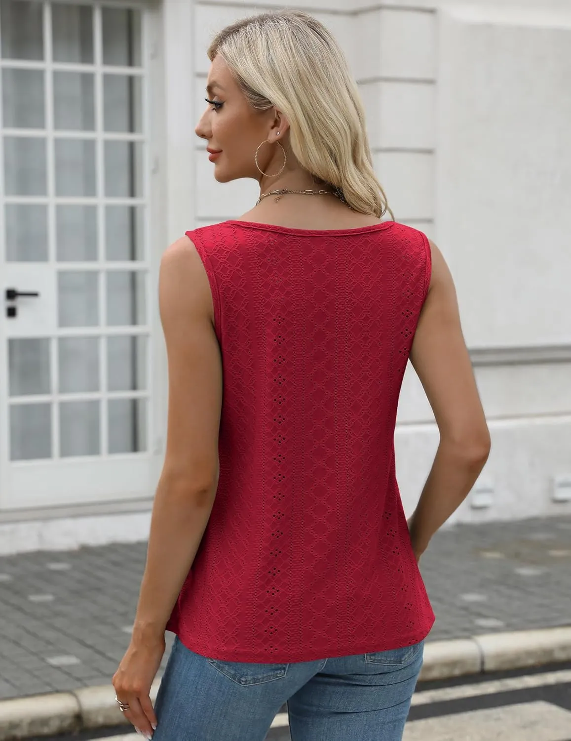 Womens Summer Tank Top Sleeveless Eyelet Embroidery Business Casual Outfits 2025 Basic Loose Dressy Work Shirt