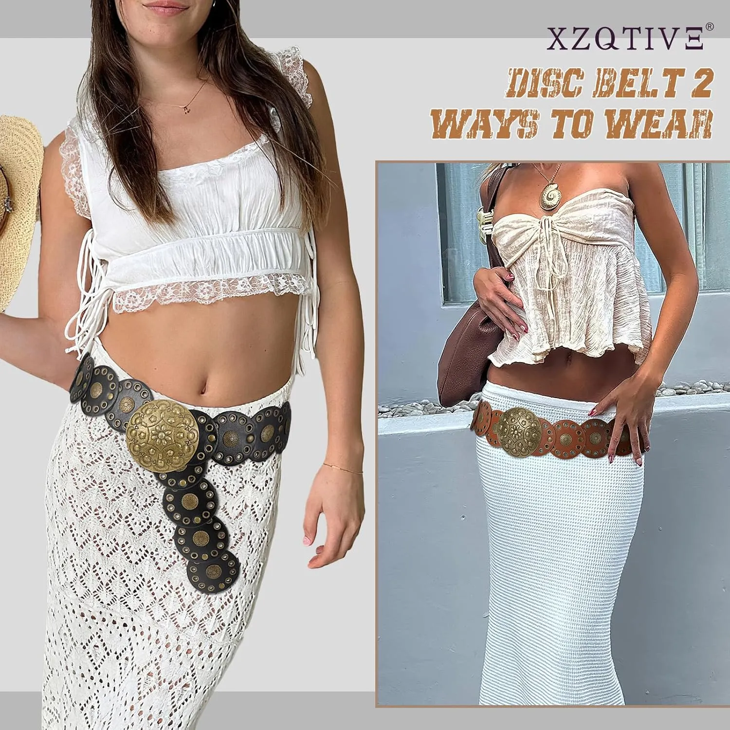 XZQTIVE Women's Western Belt with Concho Discs Adjustable Cowgirl Waist Belt Vintage Wide Disc Design for Dresses Jeans
