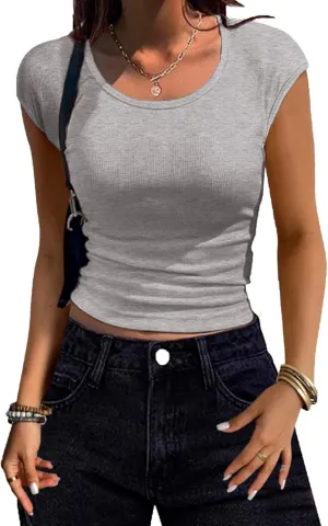 Zeagoo Womens Tank Tops Ribbed Knit Crew Neck Shirts Cap Sleeve Slim Fitted Ruched Basic Tees